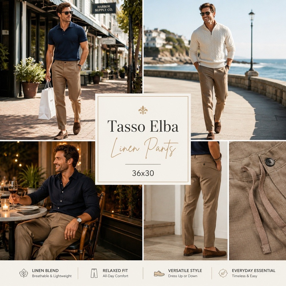 NWT Tasso Elba Island Mens 100% Linen Pants Tan Khaki Drawstring‎ Trousers 36x30